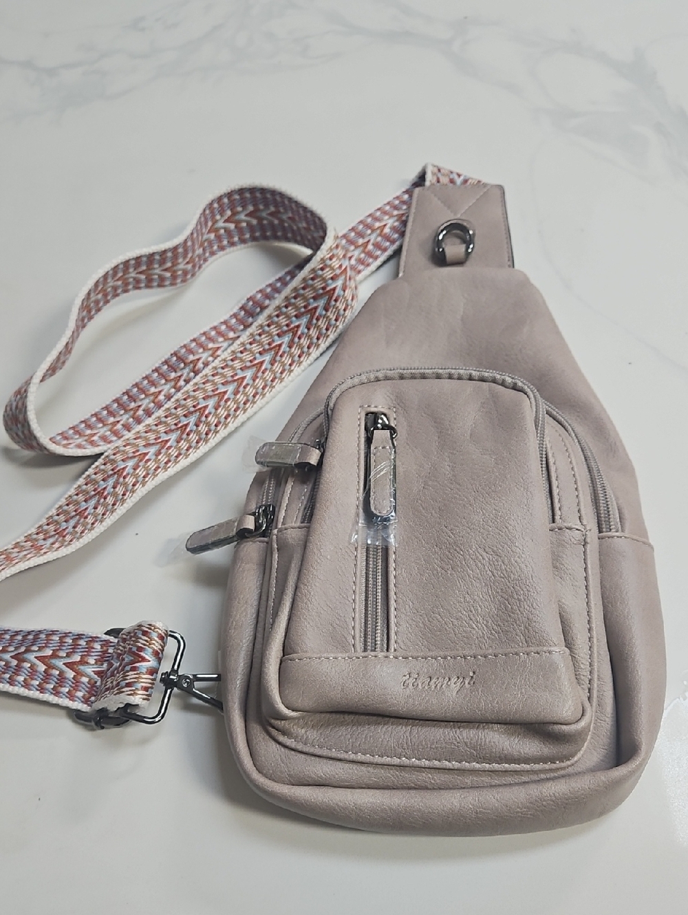 Leather Crossbody Sling Bag in Light Taupe
